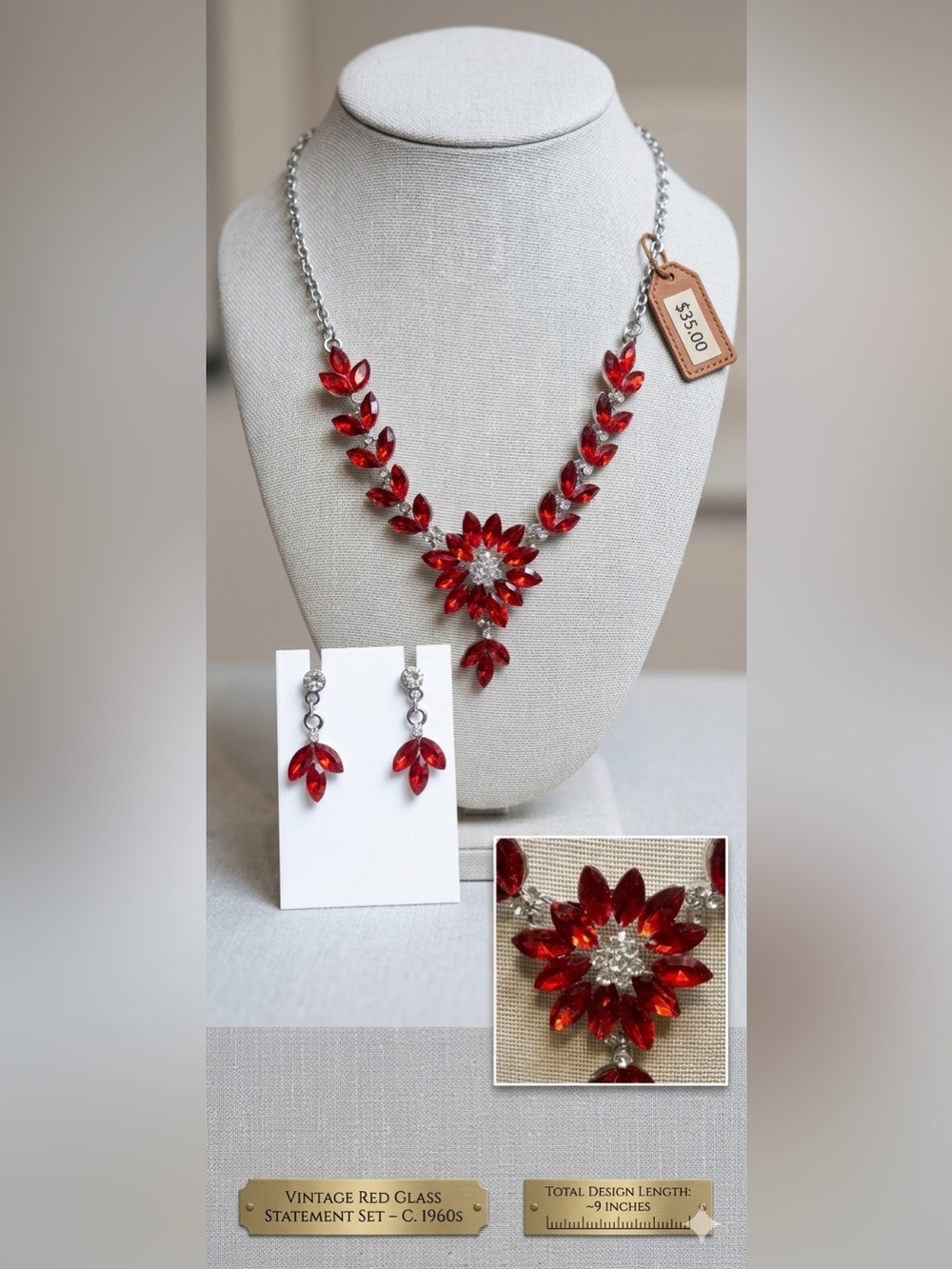 Red Crystal Floral Necklace and Earring Set